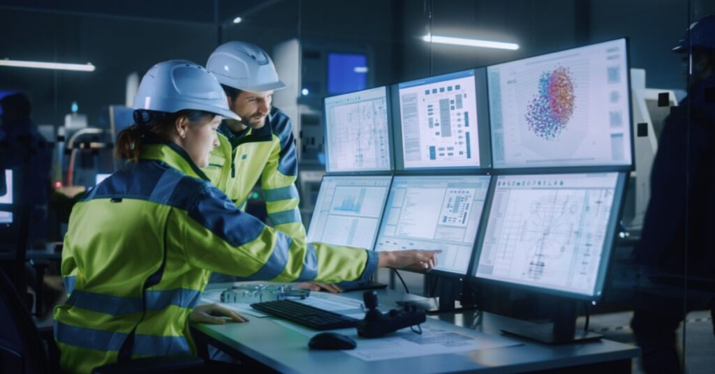 Project Engineers wearing hard hats on production line discussing the benefits of cloud-based ERP while viewing multiple computer screens